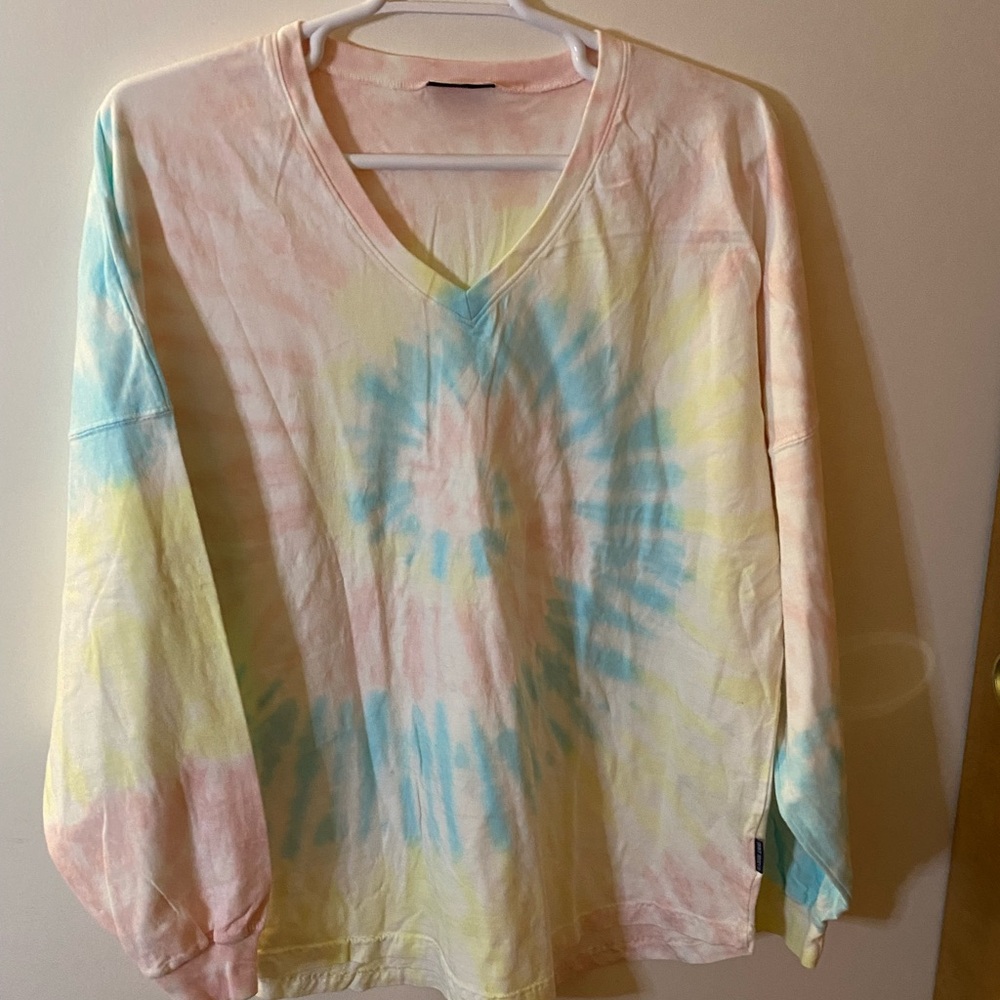 Spirit Jersey Women’s 2X long sleeve TShirt V Neck Tye Dye yellow Pink Blue NWOT